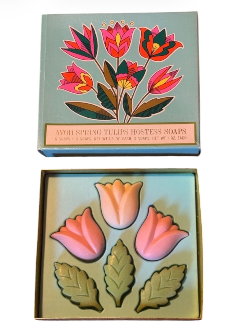 Avon Floral Hostess Soaps Set Vintage 6 Soaps Tulips & Leaves NIB Pink & Green
